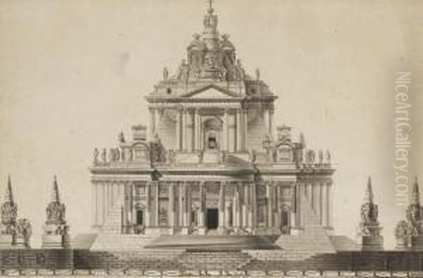 Projet D'une Facade De Chapelle A Trois Etages Avec Colonnes Ioniques Et Corinthiennes Surmontees D'un Fronton, Des Obelisques De Part Et D'autre - view 1