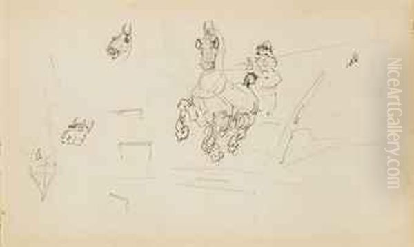 Trois Feuilles D'etudes Representant Des Caricatures, Des Chevaux,des Chiens Et Des Cochons - view 1