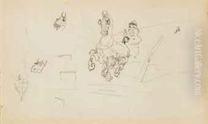 Trois Feuilles D'etudes Representant Des Caricatures, Des Chevaux,des Chiens Et Des Cochons by Rene Pierre Princeteau