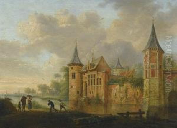 A River Landscape With A Castle And Peasants Fishing In The Foreground - view 1