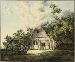 A Ruined Farmhouse In A Wooded Landscape, With A Couple Conversingby A Well by Johannes Huibert Prins