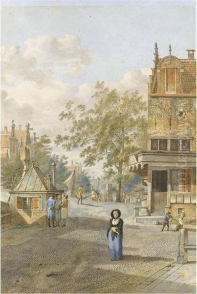 Street Scene, With Figures By A Bridge Over A Canal - view 1