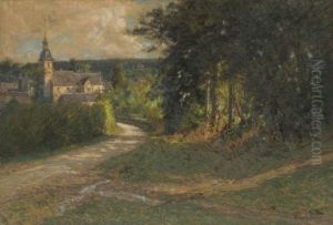 Paysage De Campagne, Vue De Village En Bord De Foret by Pierre Ernest Prins