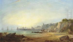 Figures On The Beach At Sunset, A Coastal Town Beyond by Edward Pritchard