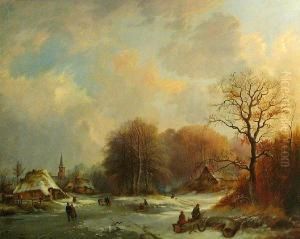 A Winter Landscape With Figures Skating On A Frozen River