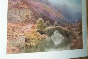Alpine Valley In Summer, With Cattle Being Herded Across A Bridge by Thomas Pritchard