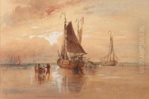 Beach Scene With French Fishing Vessels by Robert Taylor Pritchett