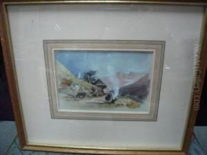 An Alpine Scene With A Peasant And A Donkey By A Fire by Robert Taylor Pritchett