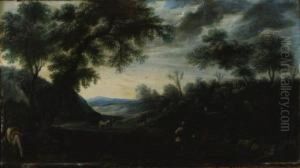 A Wooded Landscape With Figures And A Horse-drawn Carriage On Apath by Carlo Antonio Procaccini
