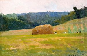 Pejzaz Letni Ze Stogiem Siana I Krowkami by Antoni Stanislaw Procajlowicz