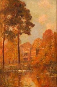 River Scene With Swans 
House To Distance