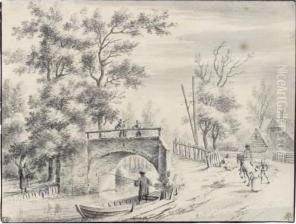 A Stone Bridge Crossing A River, With Two Fishermen To The Left, And A House In The Distance - view 1