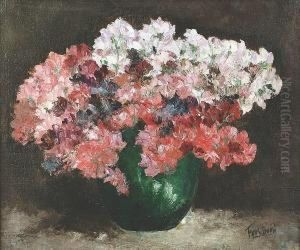 Still Life Of Sweet Peas In A Green Vase by Frans Proost