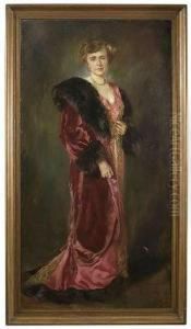 Portrait Of Anelegant Lady Wearing A Red Gown With Fur Trimming As Full-figure by Otto Propheter