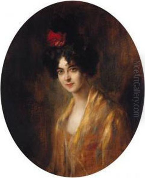Portrait Of A Lady, Half-length Wearing A Yellow Dress With A Redribbon In Her Hair - view 1