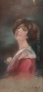 Portrait Of A Girl With A Red Dress And Orange Flower by Spyridon Prosalentis