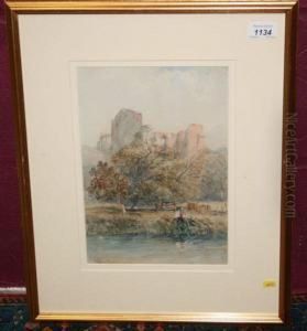 Fisherman Beside Ariver With Ruins Beyond by John Skinner Prout