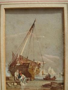 Beached Fishing Boat With Figuresworking by John Skinner Prout
