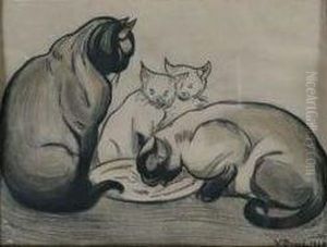 Famille De Chats Siamois by Victor Prouve