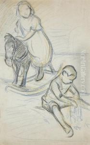 Portrait De Fillette Sur Un Cheval A Bascule Avec Un Enfant Assis Par Terre Portrait De Fillette Sur Un Cheval A Bascule Avec Un Enfant Assis Par Terre