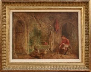 Woman Feeding Chicks On A Flagstone Floor