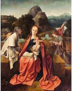 La Vierge Et L Enfant Assis Dans Un Paysage Entoures D Un Ermite Et D Un Ange