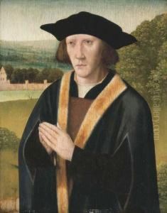 Portrait Of A Donor, Half-length, In A Fur Trimmed Robe, In Alandscape
