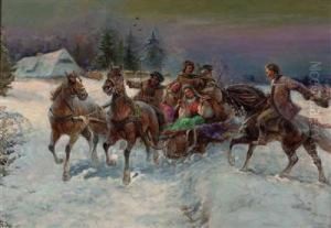"winterliche
Pferdeschlittenfahrt Mit Brautgesellschaft Und Verehrendem
Brautigam" by Gustav Prucha