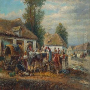 Village Scene With A Street Market by Gustav Prucha