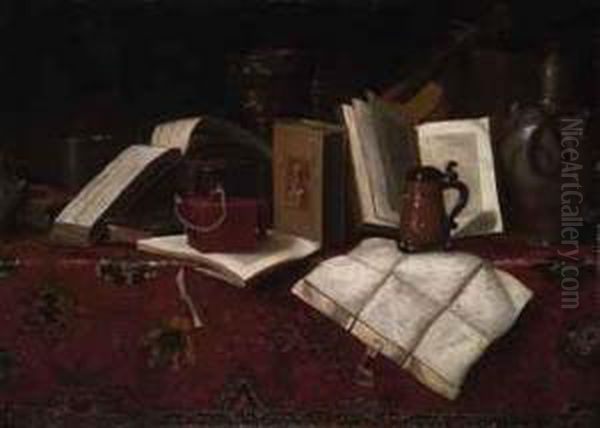 Books, A Silver Beaker, A Gilt Cup, A Candle, A Violin, And Othervessels, On A Carpet-draped Table - view 1