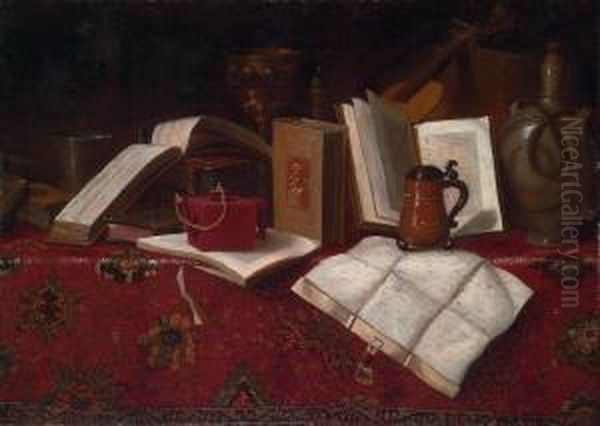 Books, A Silver Beaker, A Gilt Cup, A Candle, A Violin, And Other Vessels, On A Carpet-draped Table - view 1