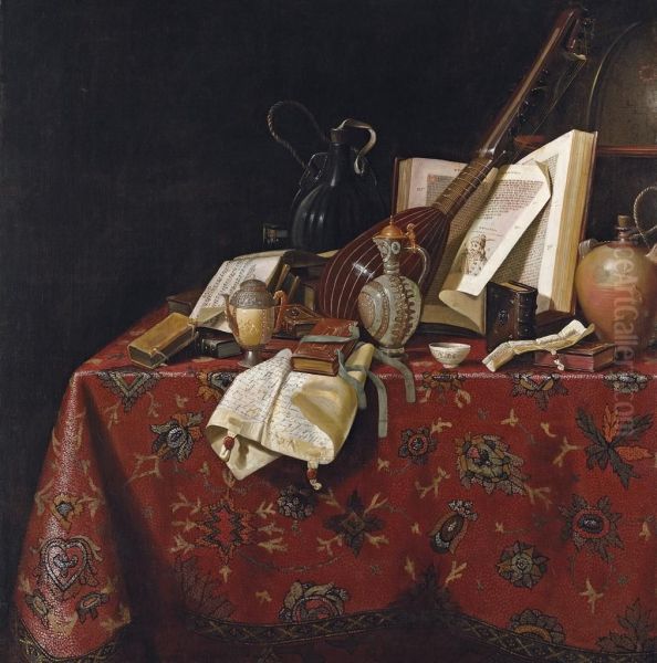 A Therbo, Books, Letters, An Open Music Book, Water Ewers, A Smallbowl, An Hourglass, Water Jugs And A Terrestrial Globe Oncarpet-covered Table In An Interior - view 1