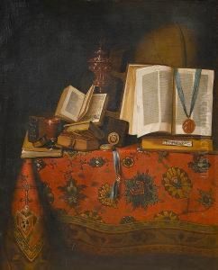 A
Vanitas
Still Life With Books, A Globe And A Silver-gilt Beaker And Cover, On A Table Draped With A Turkish Carpet by Pseudo Roestraten