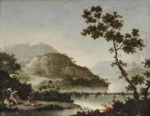A Hilly River Landscape With Tobias And The Archangel Raphael by Pseudo-Moucheron