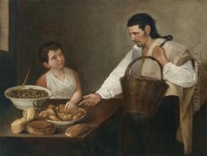 A Fishmonger With Another Figure In An Interior