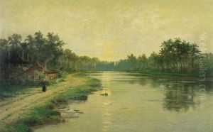 Water Landscape With Woman In Front Of The Farmhouse by Louis Pulinckx