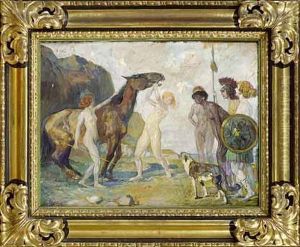 Mehrere Amazonen Stehen Am Strand Und Bandigen Ein Wildes Pferd. by Ludwig Putz