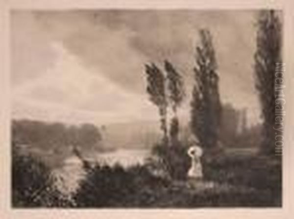 Paysage De Riviere, Jeune Fille A L'ombrelle - view 1