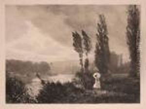 Paysage De Riviere, Jeune Fille A L'ombrelle