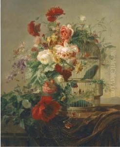 A Parakeet In A Gilded Cage Under A Canopy Of Summer Flowers by Elise Puyroche-Wagner