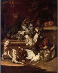 A Dog And Cat Chasing Pigeons, A Partridge And Poultry On A Stone Ledge by Christoffel Puytlinck