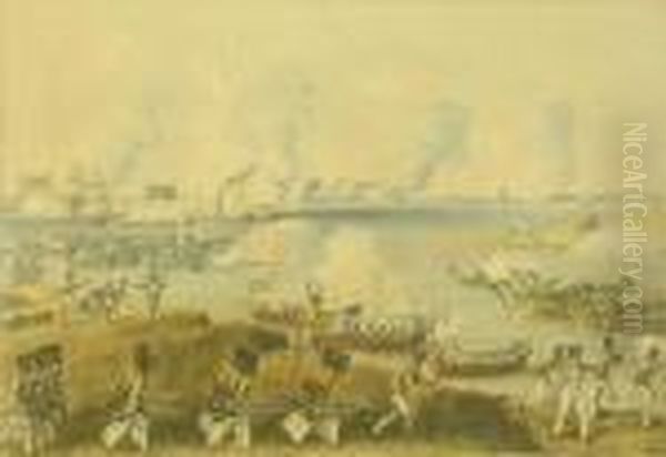 Coloured Print Of A Naval Battle Scene - view 1