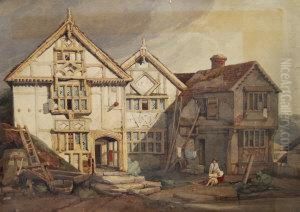 Figures By An Old Timbered Dwelling by Charles Claude Pyne
