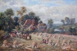Horse And Tumbrel Cart With Figures Binding Corn Stooks Near Cottages by James Baker Pyne
