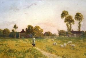 A Figure Walking Across A Pasture With Sheep Grazing by Thomas Pyne