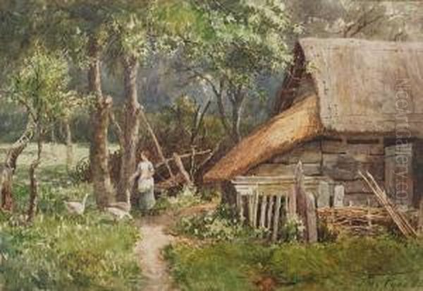 Girl Feeding Geese Before A Thatched Woodlandbarn - view 1
