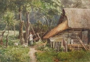 Girl Feeding Geese Before A Thatched Woodlandbarn by Thomas Pyne