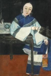 Lady Seated At A Table With Feather Wisp by Lam Qua