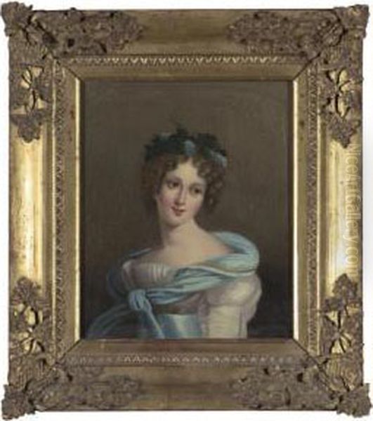 Portrait Of A Young Lady In A White Gown With Blue Sash And Scarf, Her Hair Dressed With Grapes And Vine Leaves - view 1