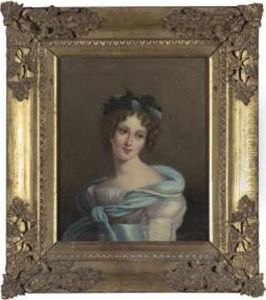 Portrait Of A Young Lady In A White Gown With Blue Sash And Scarf, Her Hair Dressed With Grapes And Vine Leaves